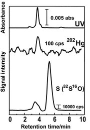 Chromatograms of cytoplasm of salmon egg cell, with detection of UV absorption, 208Hg and S(32S16O). Sample: cytoplasm of salmon egg cell diluted 5-times with 0.01 mM Tris-HCl buffer. Other experimental conditions were the same as in Fig. 5.