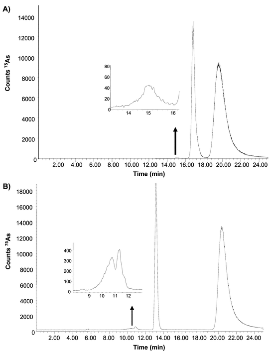 75As elution profile by SEC-ICP-MS of Brassica juncea extracts showing the separation of the As species using 25 mM ammonium acetate buffered at two pH values: (a) pH 5.6 and (b) pH 7.8. The same buffers were used for the extraction of the species.