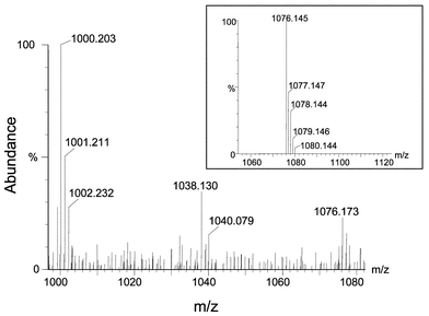 Magnification of the mass spectra shown in Fig. 4 to show the proposed As–PC3 complex at m/z 1076. The inset shows the molecular model calculated by the software and corresponding to the proposed structure.