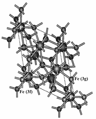 Crystal structure of hexagonal Fe2P. Two inequivalent iron positions, tetrahedral and pyramidal, are distinguished and their nearest atomic neighbors are shown.