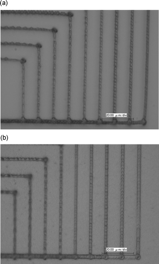 Optical micrographs with 10 µm spacing: (a) using chromophore 2 with 2.4 µm width; (b) using the chromophore 3 with 3.4 µm width. Excitation wavelength: 820 nm; laser power: 3.0 mW. The scan speed was increased from 50 to 290 µm s−1 with a step of 30 µm s−1 from the left.