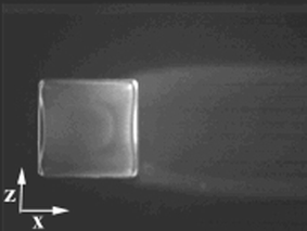 Fluorescence image of reconstitution of a functional enzyme as demonstrated by the production of the product of that enzyme in a flowing stream of buffer. The storage cavity shown (top view) was 500 × 500 × 100 µm deep. As the storage cavity containing dried β-gal was exposed to RBG solution, β-gal was released by dissolution of the matrix in the cavity. Once in solution, the β-gal cleaved RBG to produce the fluorescent product resorufin (which was the only fluorescent species in the image). Flow was from left to right.