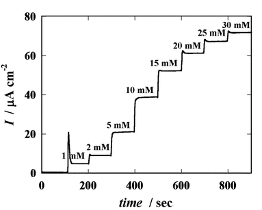 Hydrodynamic response of a microfabricated glucose sensor to the addition of glucose to a stirred PBS solution (applied potential = 0.45 V vs. IrOx).