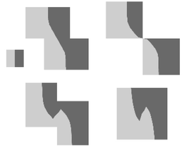 Cross sections taken from a CFD simulation for Re = 1, displaying the lamella reshaping in the SAR mixer shown in Figs. 1b and 2. The initial configuration is shown in the small cross section in the upper left. The other cross sections in the upper row show the splitting at x
						= 0.6 mm and x
						= 1.2 mm. The cross sections in the lower row show recombination at x
						= 1.8 mm and x
						= 2.4 mm at the end of the first cell.