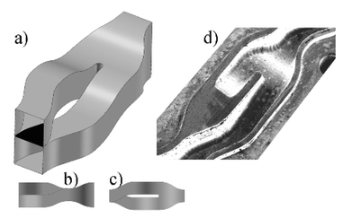 Left: geometry model of an optimised SAR mixer – a) slanted view with the splitting layer shown in black; b) side and c) top views. Right: scanning-electron micrograph of the lower channel part. The image shows one step of a SAR mixer made of stainless steel with a minimum channel cross section of 1 mm and a length of 6 mm.