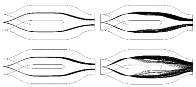 Top view of streamlines, seeded at the initial lamella interface for Re = 3.45 (top left), 8.63 (bottom left), 34.5 (top right), and 104 (bottom right).