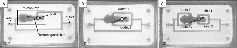 Devices designed and tested in a closed loop. Devices B and C were designed taking into account the flow patterns and vortexes generated by the oscillation of the actuator.