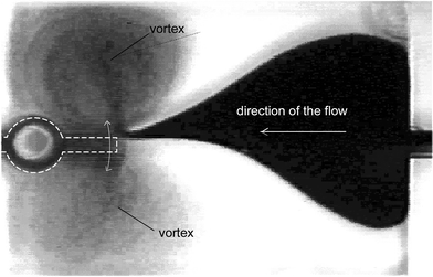 Vortices generated by the right end of the bar during oscillation.