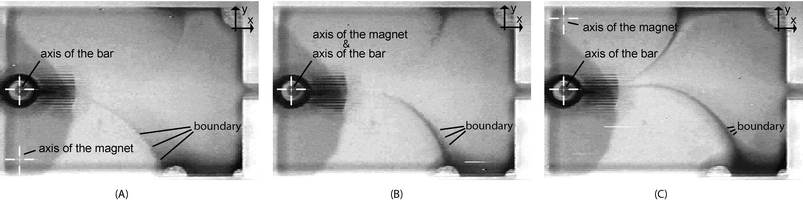Flow patterns close to the shortest part of the oscillating bar. (A) The axis of rotation of the magnet is displaced 5 mm in the y direction; (B) The axis of rotation of the magnet is aligned with the axis of oscillation of the bar; (C) The axis of rotation of the magnet is displaced −5 mm in the y direction with respect to the axis of oscillation of the iron bar. These pictures were extracted from a video included in the electronic supplementary information (pump2).