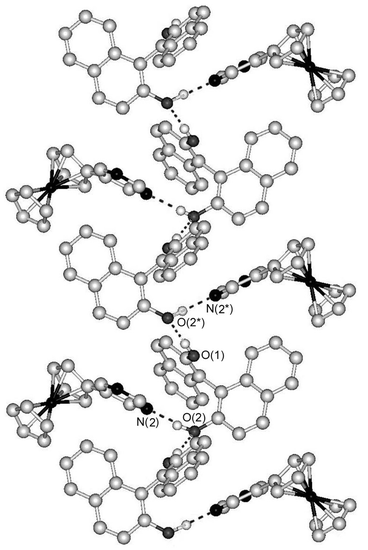 Part of the chiral chain structure of 5. Dashed lines indicate hydrogen bonds. Hydrogen atoms bonded to carbon atoms are omitted for clarity.