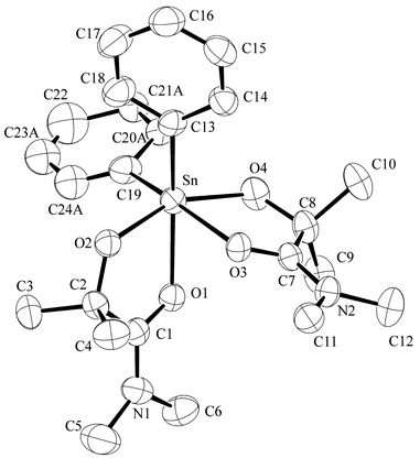 ORTEP plot of 2 showing 40% probability displacement ellipsoids. Hydrogen atoms omitted for clarity. Only one orientation of the disordered phenyl ring [at C(19)] is shown.