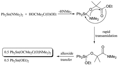 Pathway to the formation of Ph2Sn[OCMe2C(O)NMe2]2 (2).