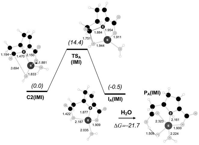 B3LYP/6-31G* optimised structures for the hydrolysis reaction of the carbapenem model compound starting from complex C2(IMI). Distances in Å. Relative free energies in solution (kcal mol−1) are shown in parentheses.