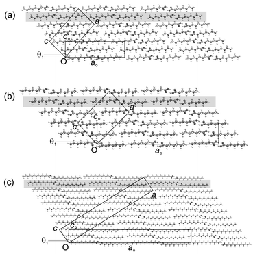 Representative projections of (a) C8, (b) C7 and (c) C13 along the b direction (equivalent to bo) showing three bilayers in each structure, with the definitions of the orthogonal and true monoclinic unit cells. The aobo planes referred to in the text are shaded.