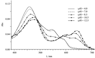 Absorption spectrum vs. pH of Hypocrellin B (5 µmol·L−1) in buffered aqueous micellar solution.