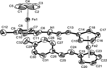 Molecular structure and atom numbering scheme for the cation (E)-[CpFe(η6-p-MeC6H4)–NHNCH–(η5-C5H4)Fe(η5-C5H4)–CHCH–C6H4-p-Me]+
						(16+). Hydrogen atoms and counter anion PF6− have been omitted for clarity. Displacement ellipsoids are at the 50% probability level.