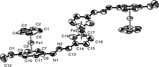 Molecular structure and atom numbering scheme for the dication [{CpFe(η6-p-MeOC6H4)–NHNCH–(η5-C5H4)}2Fe]2+
						(192+). Hydrogen atoms and counter anion PF6− have been omitted for clarity. Displacement ellipsoids are at the 50% probability level.