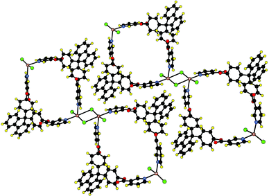 A portion of the crystal structure showing the formation of the neutral 1-D coordination network formed by bridging by chloride centres of consecutive metallamacrocycles and the lateral packing of 1-D networks The channels generated are filled with water clusters (not represented). H atoms are not represented for clarity. For bond distances and angles see text.