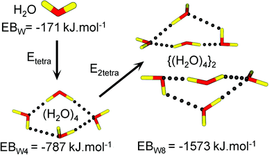 Resolution using the PACHA algorithm of the water structure trapped inside the central cavity defined by a [HgCl2·1]2 metallamacrocycle. The total H-bond energy within a single tetramer is given by Etetra = EBW4 − 4 × EBW, whereas the interaction energy between the two water tetramer is evaluated as E2tetra = EBW8 − 2 × EBW4.