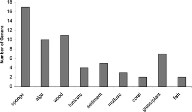 The number of distinct fungal genera based on the marine source.