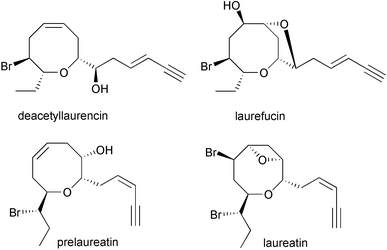 Representative structures of halogenated C15 acetogenins from the red algal genus Laurencia.