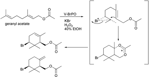 V-BrPO-catalyzed bromination and cyclization of geranyl acetate.35