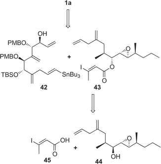 Retrosynthetic analysis of proposed structure (1a) of amphidinolide A by Maleczka's group.