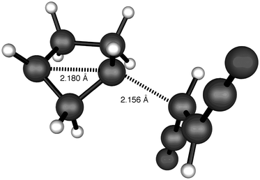 CASSCF(8,8)/6-31+G(d,p) transition structure for the addition of fumaronitrile to bicyclo[2.1.0]pentane. The reaction breaks the C1–C4 bond of the hydrocarbon with inversion and creates a biradical intermediate. When the second C–C bond is made, the overall addition appears to have occurred from the endo face of the bicyclo[2.1.0]pentane.