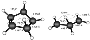 CASSCF/cc-pVDZ geometries for the [1,2] hydrogen migration transitions states in cyclopentane-1,3-diyl and trimethylene. The calculations used (8,8) and (6,6) active spaces, respectively.