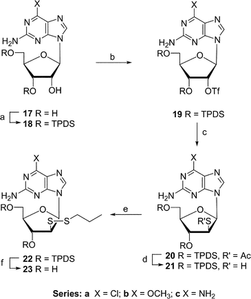 Reagents and conditions: (a) TPDS-Cl2–pyridine; (b) Tf2NPh–DMAP–CHCl2; (c) CH3COSK–DMF; (d) NH3–MeOH; (e) DEAD–PrSH–THF; (f) NH4F–MeOH.