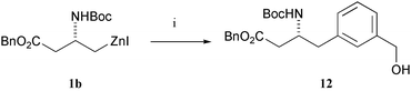 
          Reagents and conditions: 3-IC6H4CH2OH, DMF, Pd2(dba)3
					(2.5 mol%), P(o-tol)3
					(10 mol%), r.t.