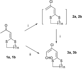 
          Reagents and conditions: (i) POCl3–DMF (1 equiv.), r.t., 6 h; (ii) POCl3–DMF (2 equiv.), r.t., 12 h.