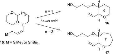 Intramolecular cyclization of γ-alkoxyallylmetal with acetal developed by Yamamoto.21