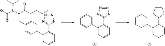 Hydrogen-free example of (a) atomic framework (or cyclic system) and (b) molecular framework (or skeletal cyclic system) of Diovan®.