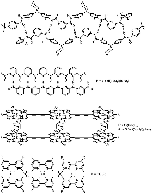 Examples of multivalent zippers, helices and ladders; duplexes of aromatic amide oligomers,71 oligo-2-aminopyridines,70 Zn-porphyrin oligomers connected by 1,4-diazabicyclo[2,2,2]octane,74 and bipyridine oligomers coordinated around metal ions.73