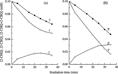 Photocatalytic degradation of CHQ in bare TiO2
					(a) and 6 × 10−4 wt% Ag–TiO2 (b) suspensions. Comparison of CHQ elimination (1, 1′), CBQ concentration (2, 2′) and the sum of the concentrations of CHQ and CBQ (3, 3′). Initial concentration of CHQ: 0.1 mmol L−1; TiO2 concentration: 2 g L−1.