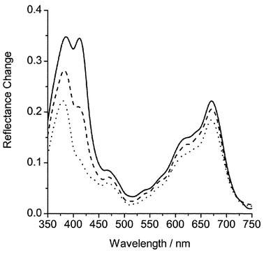 Transient difference spectra at 0.4 (––), 2.0 (), and 8.0 ms (⋯) after the laser pulse for 2-isopropylnaphthalene (1.0 µmol g−1) adsorbed on silica gel.