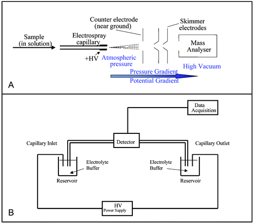 Panel A: Features of an electrospray interface, Panel B: Schematic of capillary electrophoresis instrumentation.
