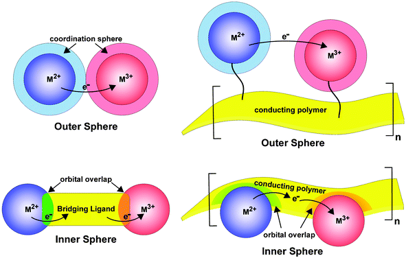 Mechanisms of electron transfer in molecular (left) and conducting polymer (right) systems.