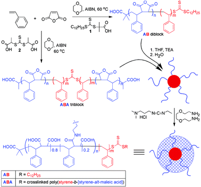 Synthesis of di- and tri-block poly(styrene-alt-maleic anhydride)-block-polystyrene copolymers and formation of micelles and shell-crosslinked nanoparticles.