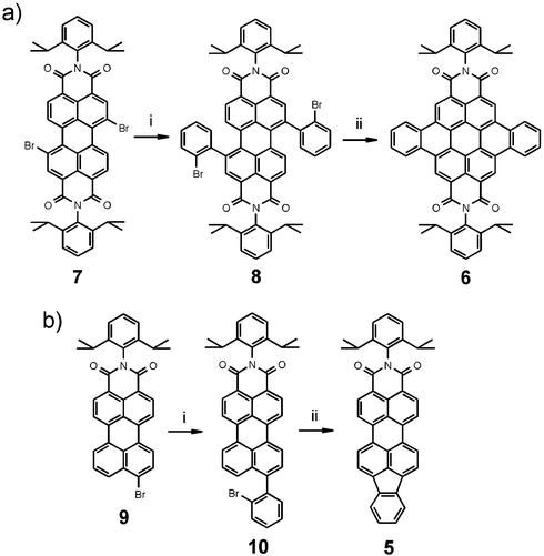 
          Reagents, conditions and yields: a)
					(i) 2-bromophenylboronic acid, (Ph3P)4Pd, K2CO3
					(aq), toluene, ethanol, 75 °C, 12 h, 53%; (ii)
					(Ph3P)2PdCl2, DBU, DMA, 160 °C, overnight, 46%; b)
					(i) 2-bromophenylboronic acid, (Ph3P)4Pd, K2CO3
					(aq), toluene, ethanol, 75 °C, 4 h, 85%; (ii)
					(Ph3P)2PdCl2, DBU, DMA, 160 °C, overnight, 30%.