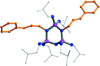 Crystal structure of the dication in 5. H-atoms are omitted; cinnamyl groups are highlighted in orange; blue: N, purple: P.