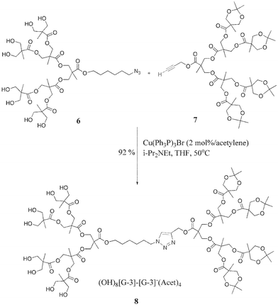 Synthesis of unsymmetrical dendrimer 8 containing a chemically differentiated surface.