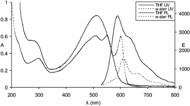UV–visible and fluorescence spectra of polythiophene 1 in THF and in water (λex
					= 502 nm).