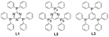 The rigid triphosphines based on triazine (L1), pyrimidine (L2) and triphosphine based on a benzene core (L3).34