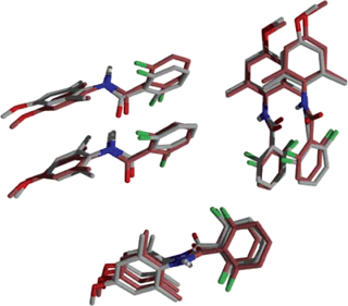 Three orthogonal views of the sulfamerazine dimer. The solution NMR structure is shown in grey and the X-ray crystal structure is shown in brown.68