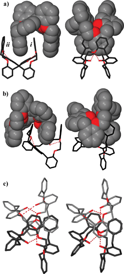 A pair of intramolecular hydrogen bonds between phenol donor and ether acceptor twists the macrocycle, closing the cavity and forming a structure with a distinct cleft. These associate as clasped dimers composed of pairs of twisted, intramolecularly hydrogen-bonded macrocycles. Four salicylyl moieties participate in π–π interactions. The two macrocycles forming the dimer are independent molecules and the dimer is not symmetrical but twisted about the axis of the π-stacked central rings.69