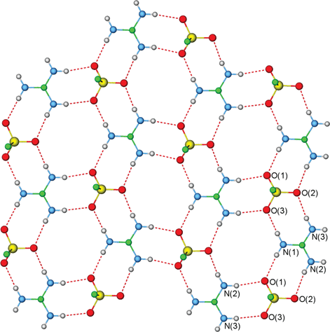 The interactions between the cations and anions in [C(NH2)2(NH2)][O3SC6H4NNC6H4NMe2] to form GS hydrogen-bonded sheets. Only part of the anions are shown for clarity.30
