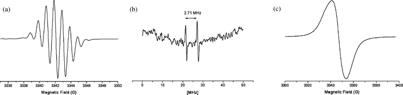 (a) EPR spectrum obtained at room temperature after electrochemical oxidation of P2 in CH2Cl2
(νklystron
= 9.407 GHz). (b)
1H-ENDOR spectrum obtained at 190 K after oxidation of P2 with AgClO4 in CH2Cl2. (c) EPR frozen solution spectrum obtained at 115 K after oxidation of P2 with AgClO4 in CH2Cl2.