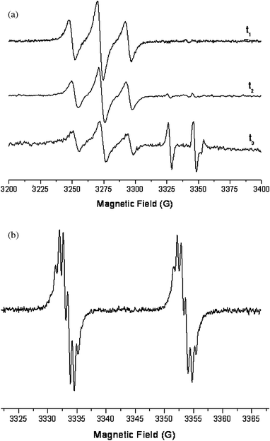 (a) EPR spectra recorded at room temperature as a function of time after oxidation of [Fe(P2)(CO)3] with AgClO4 in CH2Cl2t1
								= 1 mn, t2
								= 30 mn, t3
								= 1 h. (b) EPR spectrum recorded at room temperature 1 h after electrochemical oxidation of [Fe(P2)(CO)3] in CH2Cl2
								(νklystron
								= 9.423 GHz).